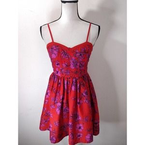 Band of Gypsies Orange & Pink Floral Smocked Sweetheart Neck Mini Dress Size S